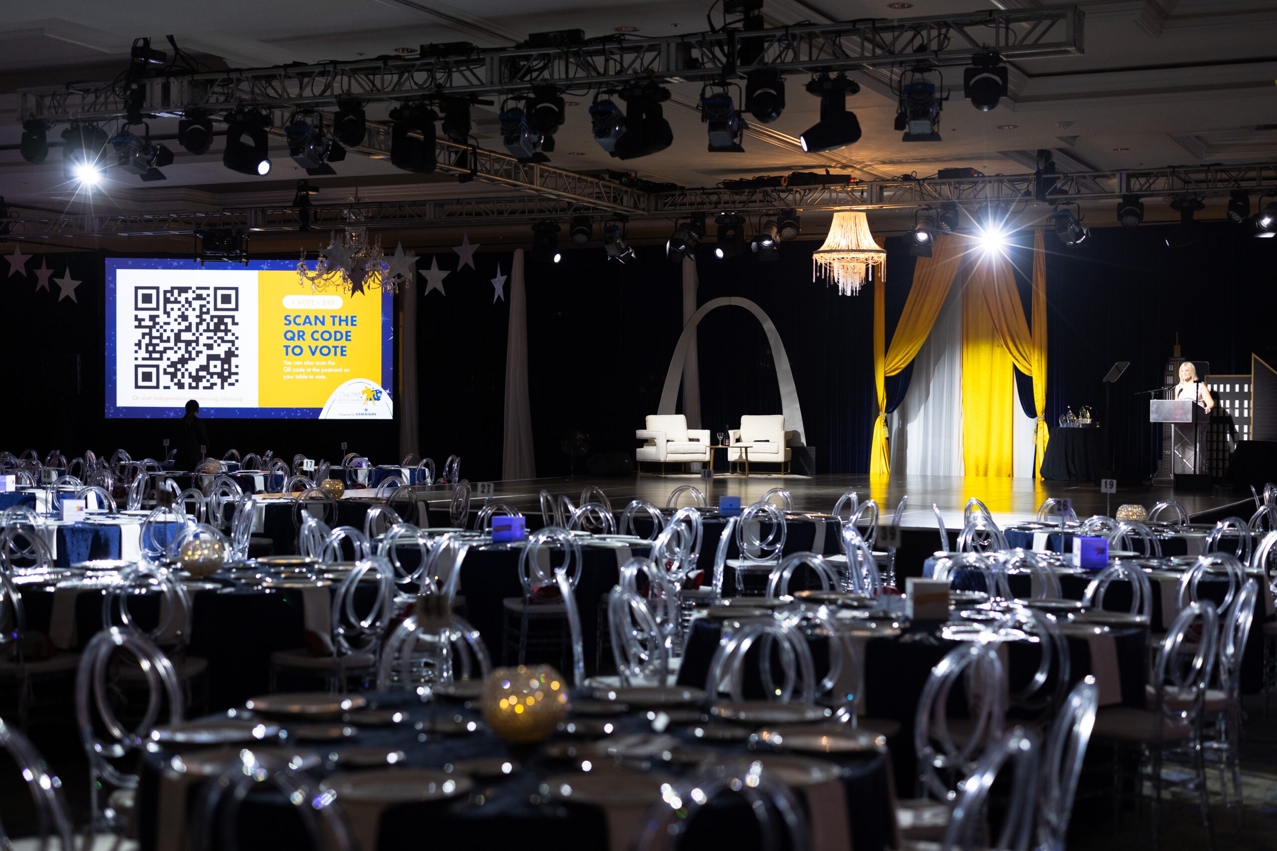 Image of event space with tables and decorations in Ritz-Carlton from 2024 Dancing with the St. Louis Stars