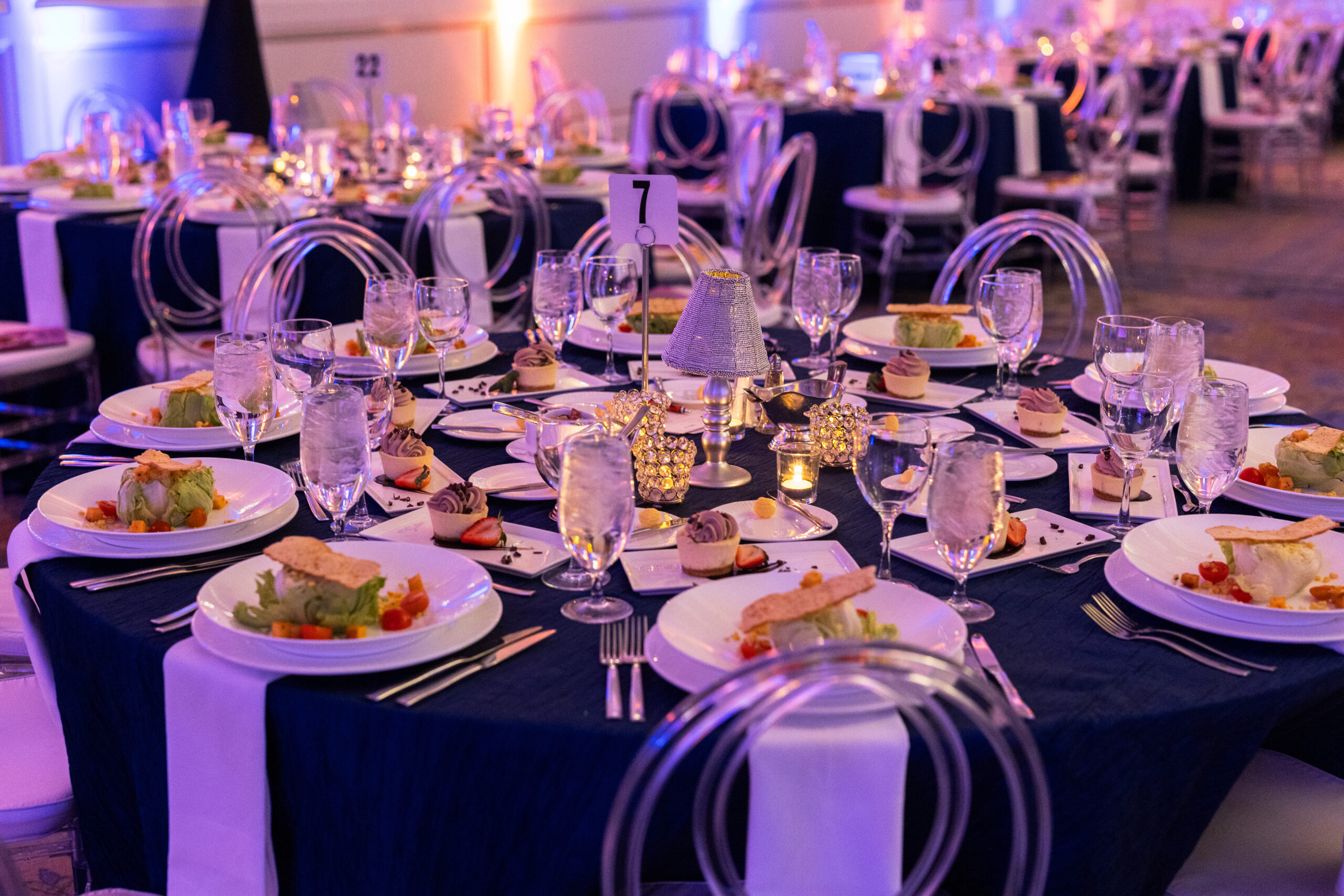 Image of multiple tables decorated with table settings and food at Dancing with the St. Louis Stars 2024